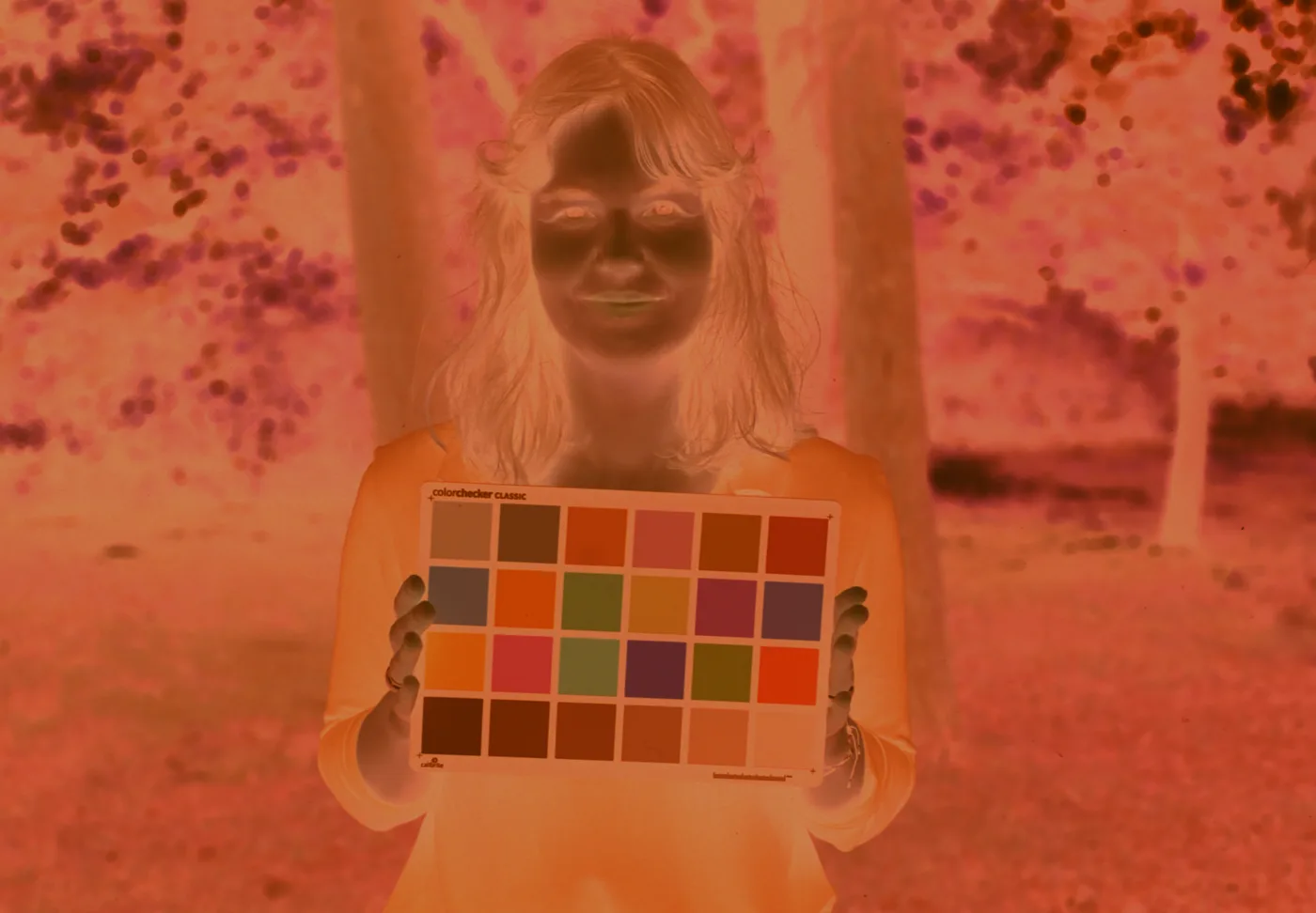 The three exposures combined into one colour negative: the orange mask over the whole frame, the subject holding a colour chart, tones reversed.