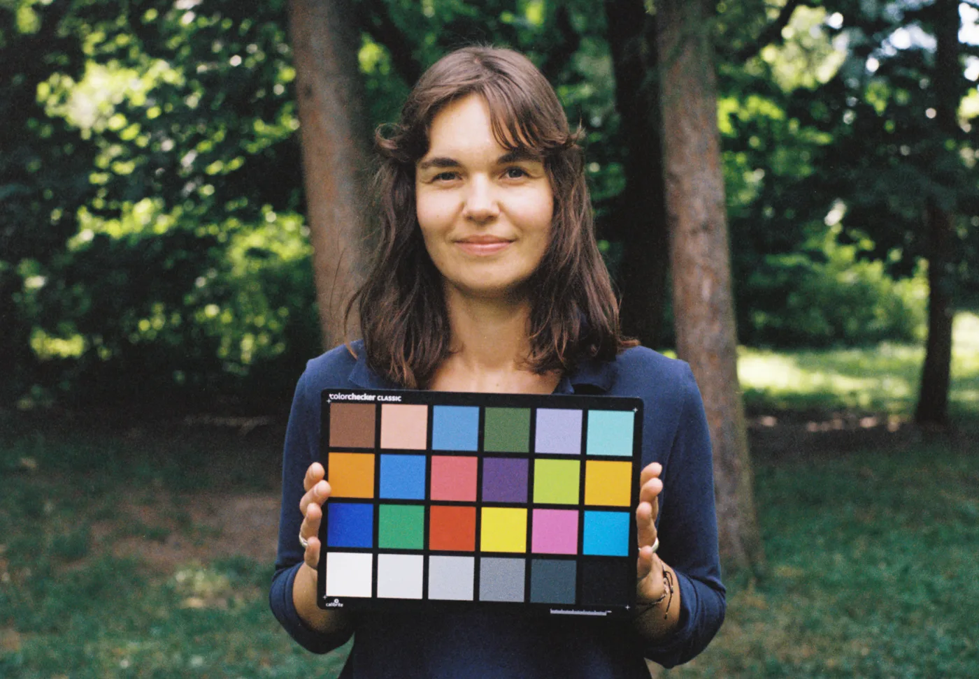 The same frame developed by Trichroma Lab: the mask removed and the colour resolved, the chart's patches reading as themselves.