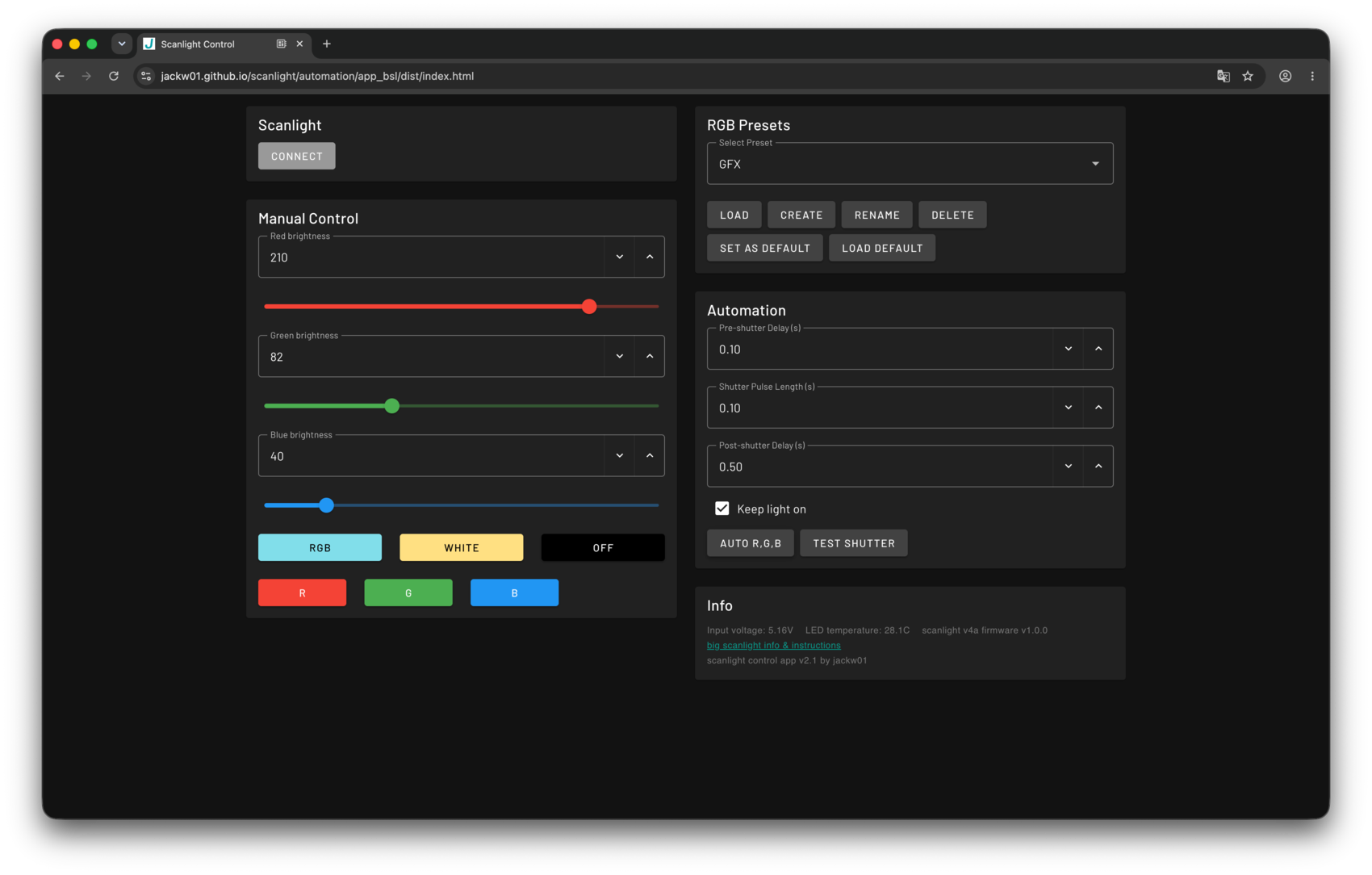 The lamp's control app: red, green and blue brightness set separately, with saved presets and shutter automation.