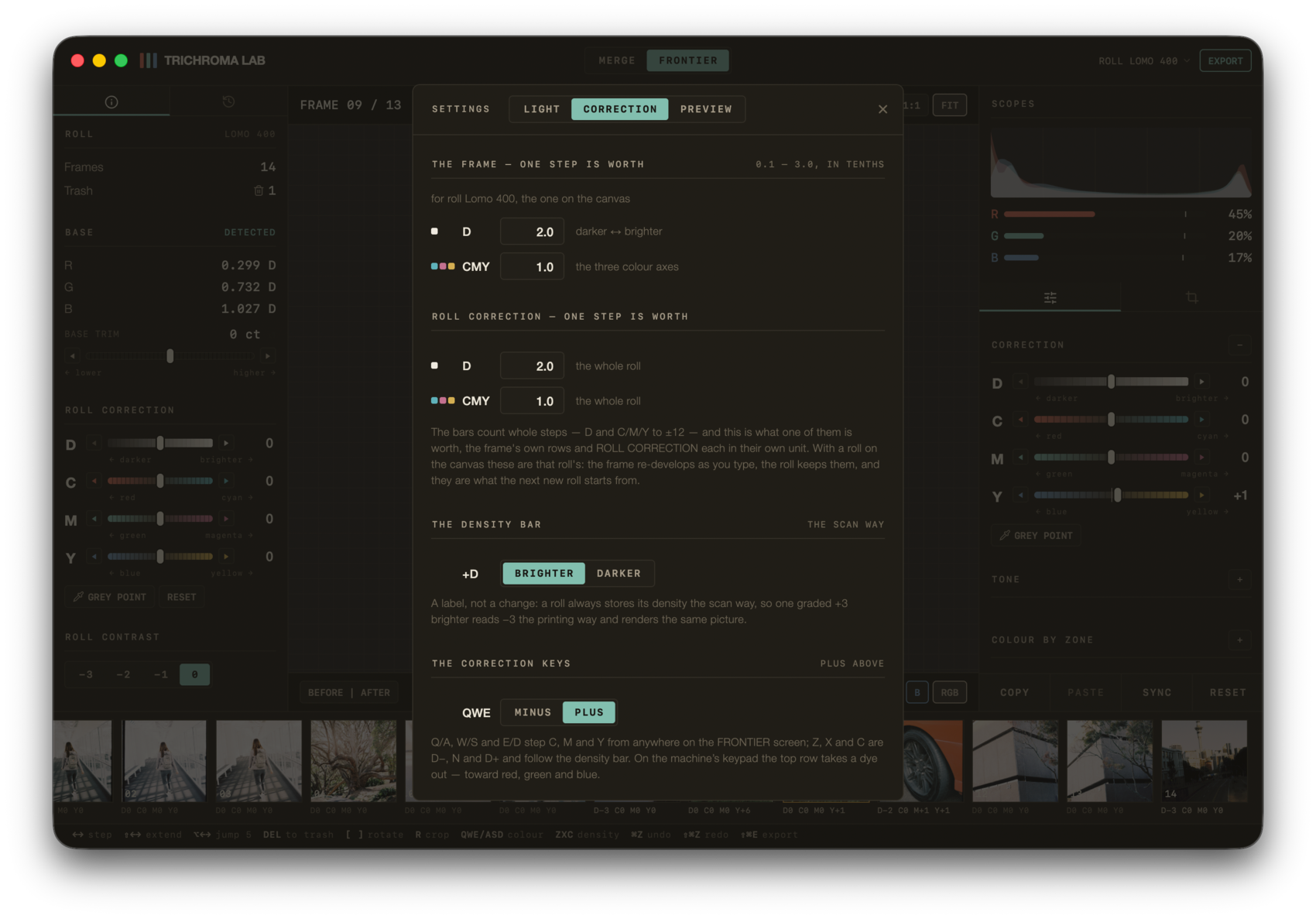 The settings sheet on its correction tab: what one step is worth for the frame and for the roll, which way the density bar points, and which way the correction keys run.