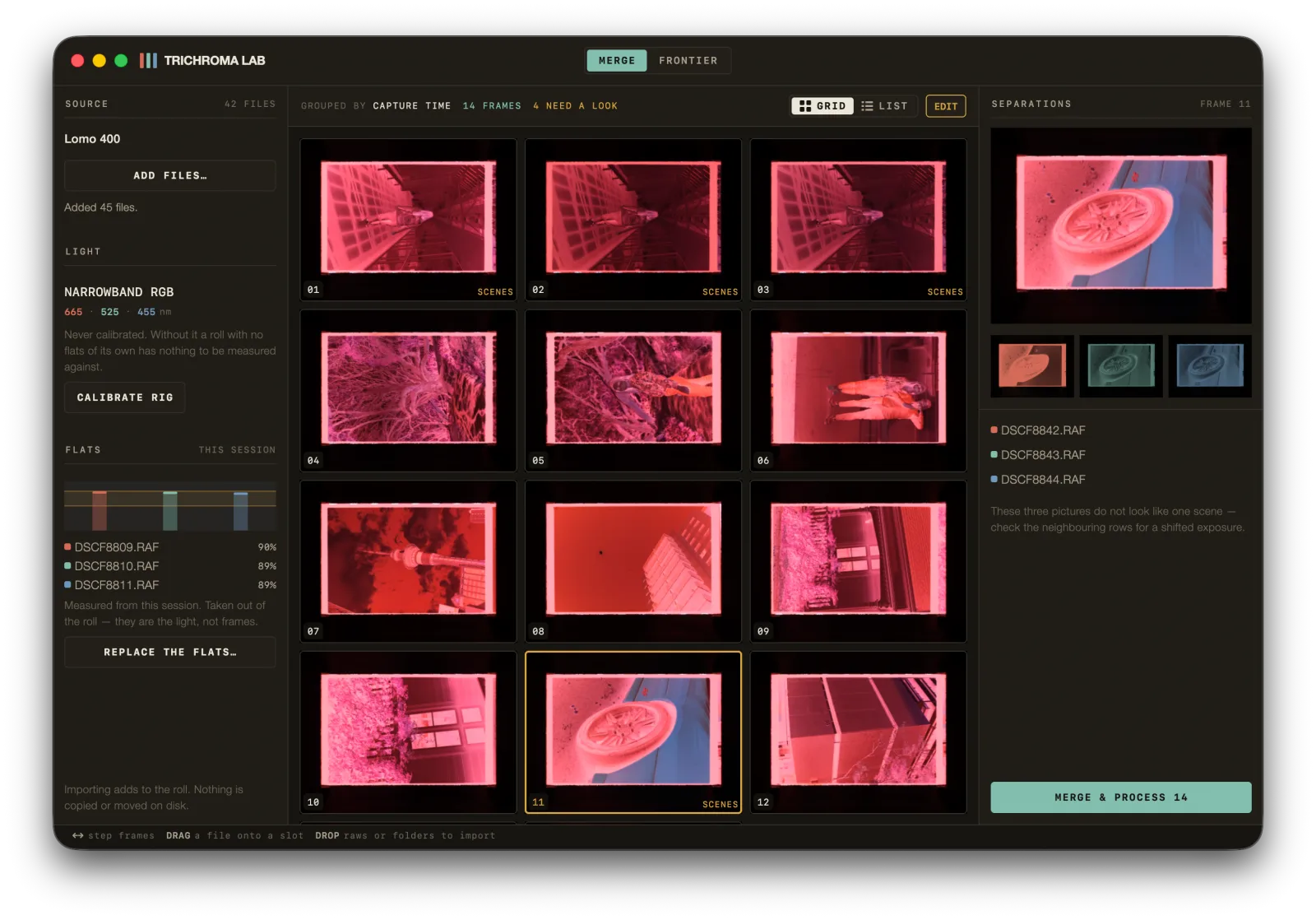 The MERGE screen in Trichroma Lab: forty-two raw files grouped into fourteen frames, with one frame's three separations — red, green and blue — shown beside it on the right.